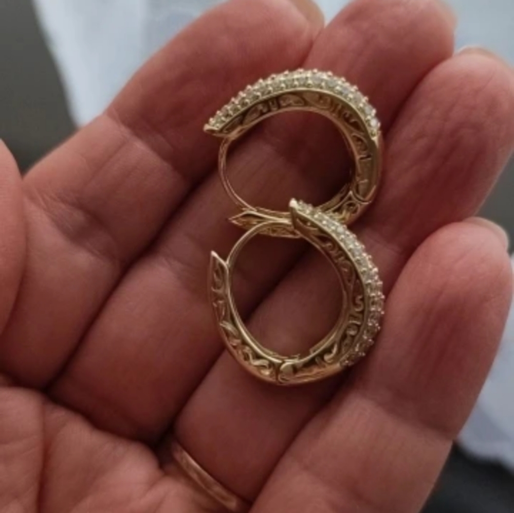 Luxury Paved CZ Hoop Earrings for Women Gold Color Hollow Out Design